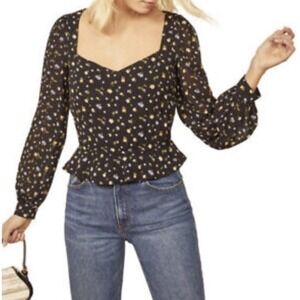 Reformation Valencia Black Floral Sweetheart Neck Peplum Blouse Medium $128